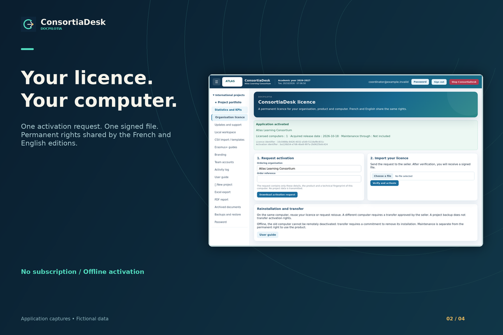 ConsortiaDesk: project and consortium management workspace — English edition, fictional data