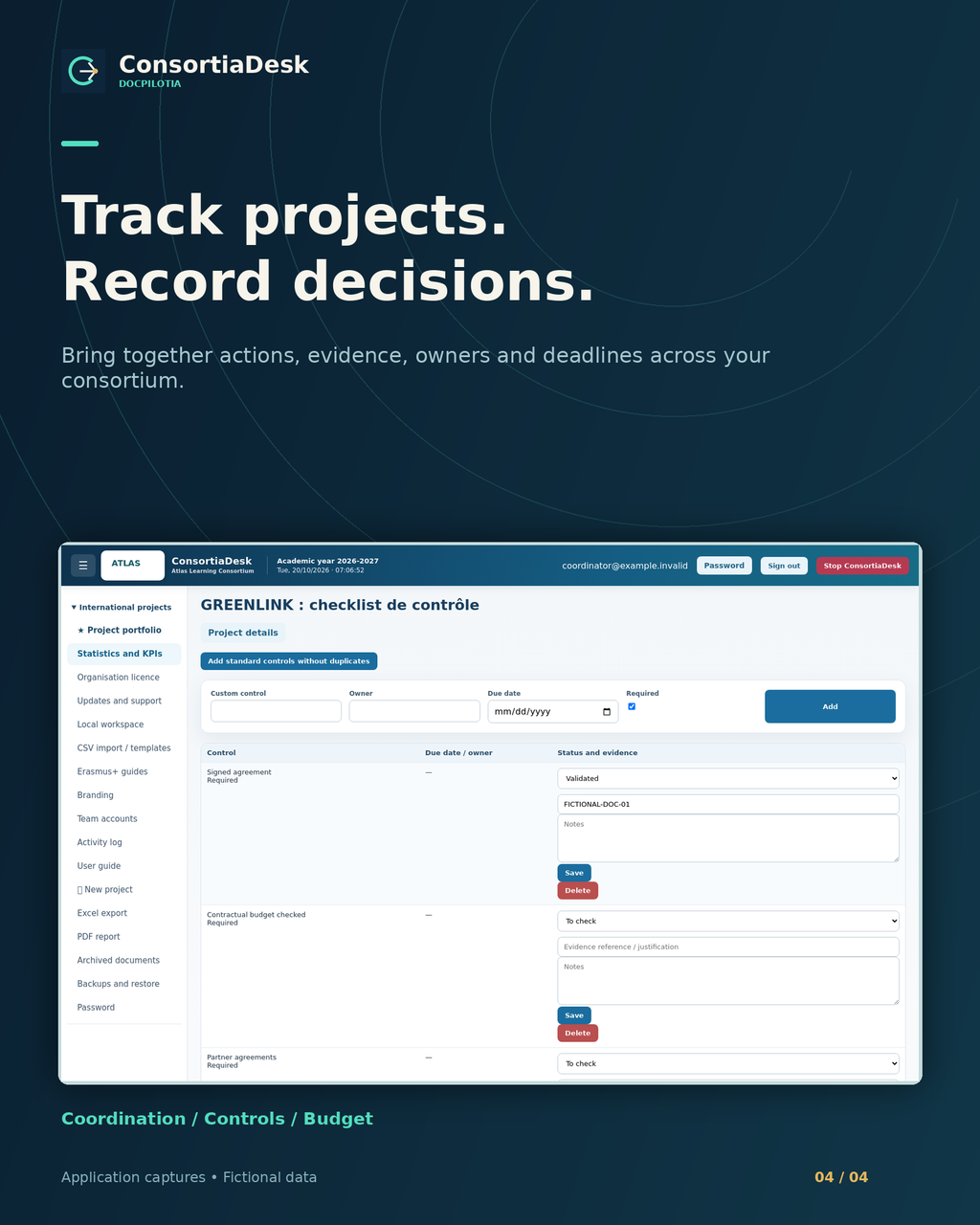 ConsortiaDesk: internal checklist with owners, deadlines and evidence — fictional data