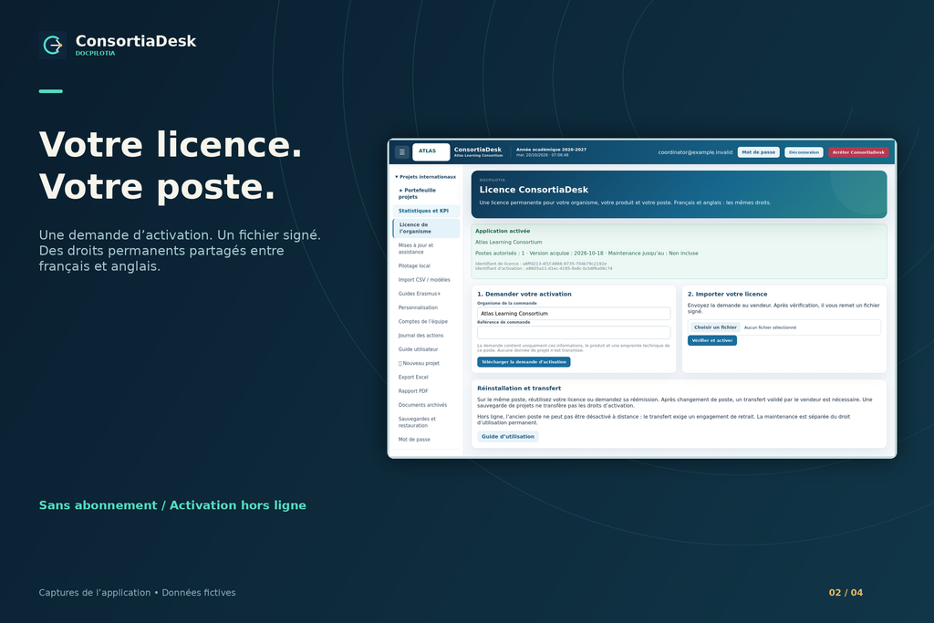 ConsortiaDesk : activation de la licence permanente DocPilotIA — données fictives