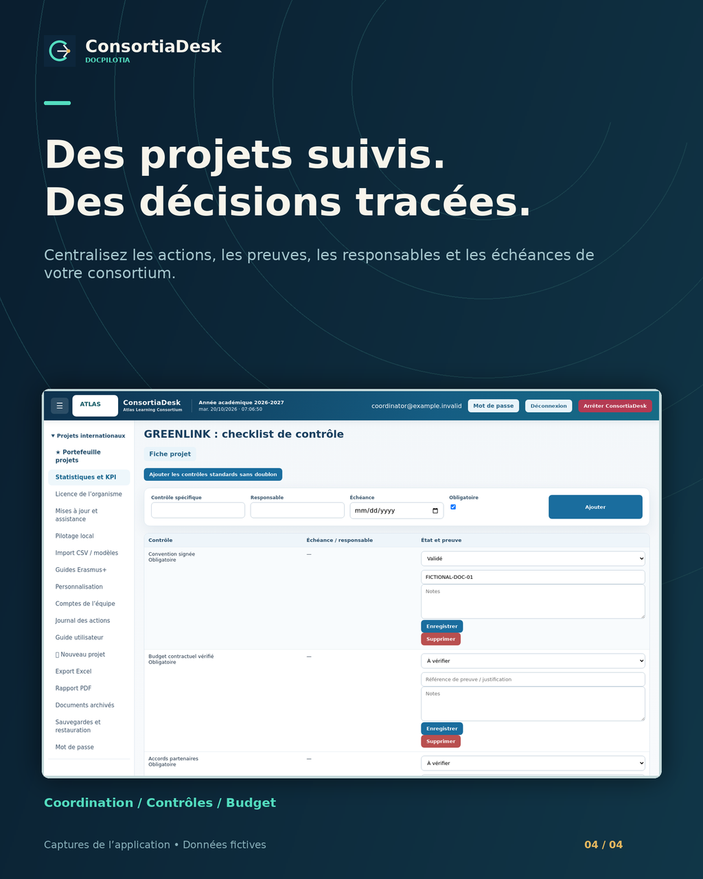 ConsortiaDesk : checklist de contrôle, responsables, échéances et preuves — données fictives