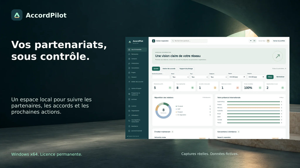 Tableau de bord AccordPilot — FR, données fictives