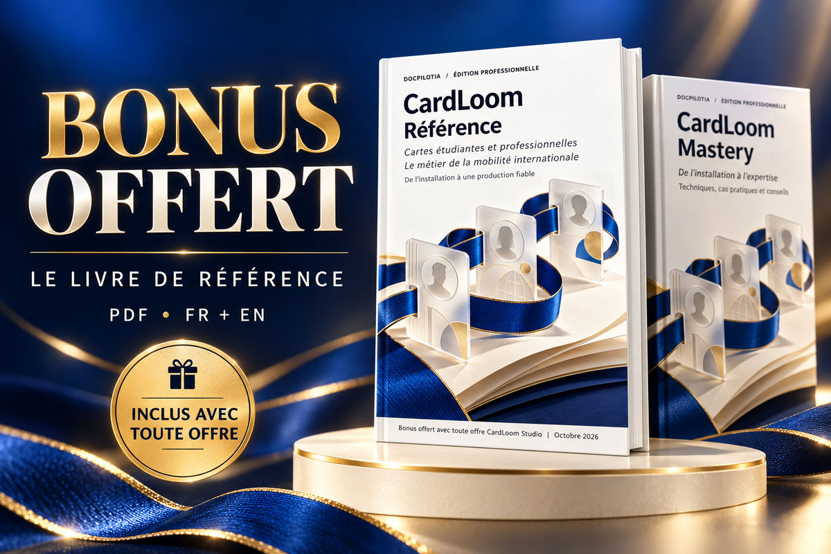 BONUS OFFERT — livre PDF CardLoom Référence, éditions FR et EN, inclus avec toute offre. Maquettes de livres sans livraison physique.