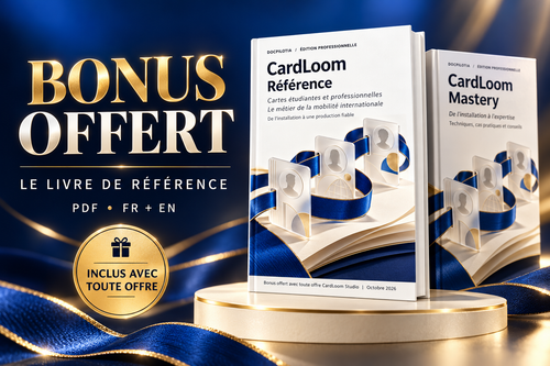 BONUS OFFERT — livre PDF CardLoom Référence, éditions FR et EN, inclus avec toute offre. Maquettes de livres sans livraison physique.