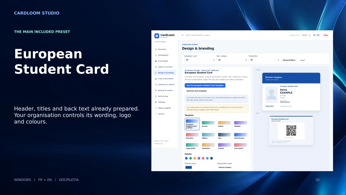 CardLoom Studio: customisable student card template, fictional data