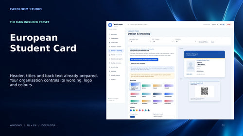 CardLoom Studio: customisable student card template, fictional data