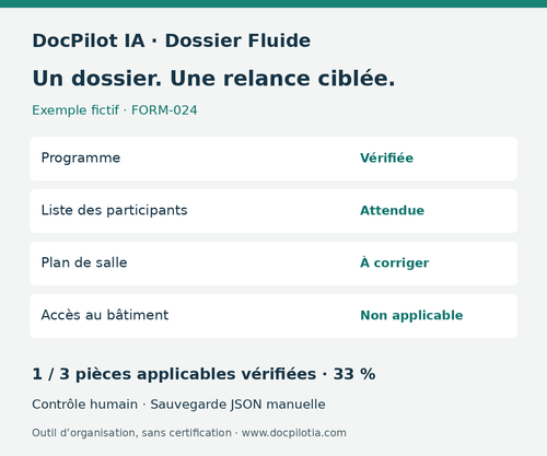 Dossier Fluide — exemple fictif FORM-024 : une pièce vérifiée sur trois applicables, soit 33 %.