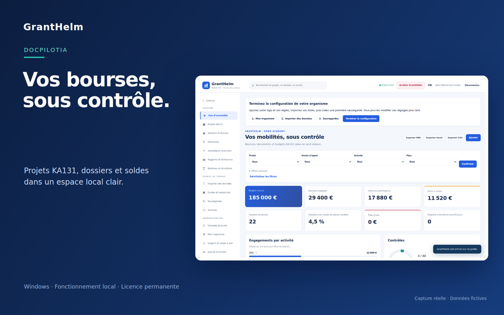 GrantHelm dashboard: Erasmus+ KA131 grants and budgets, fictional data