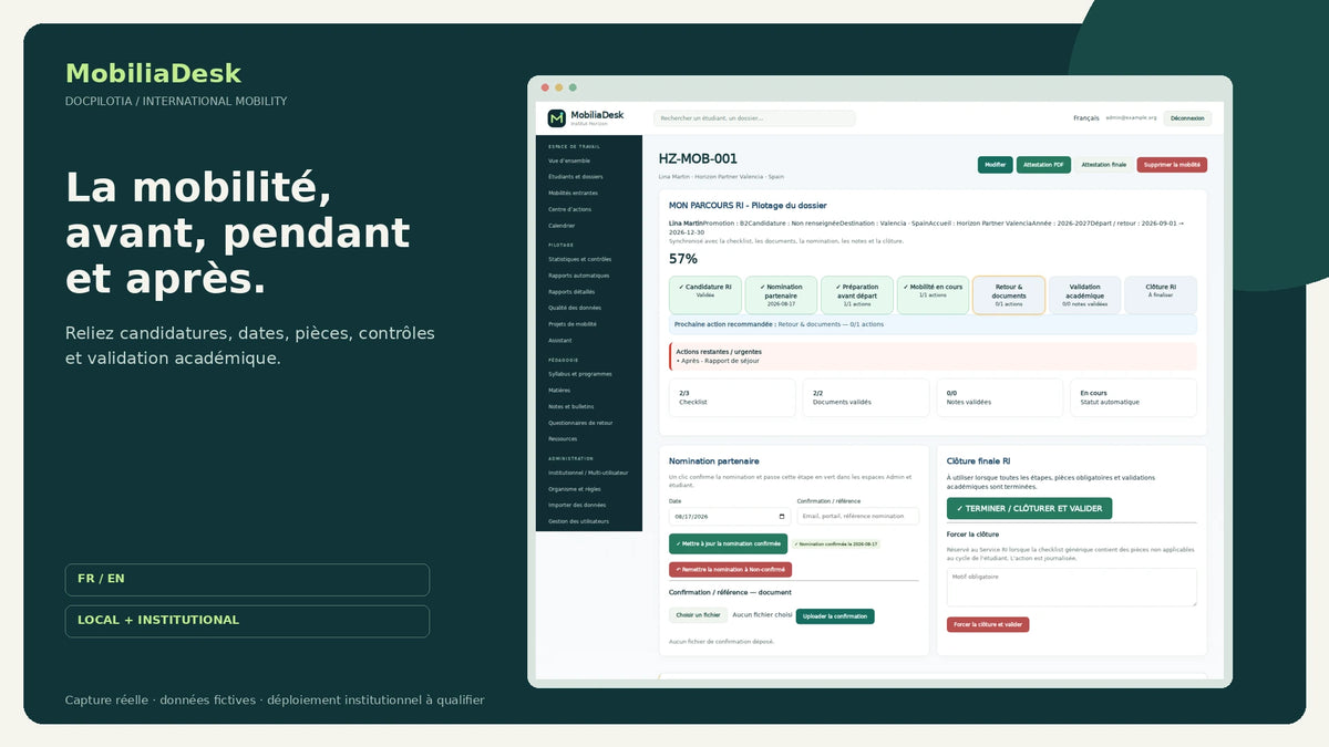 MobiliaDesk FR: student mobility workflow tracking, fictional data