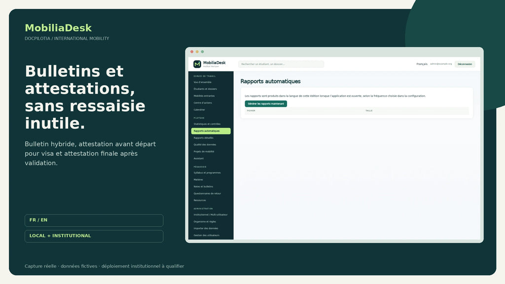 MobiliaDesk FR : génération de bulletins et attestations, données fictives