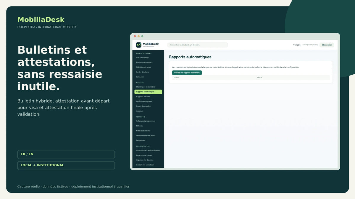 MobiliaDesk FR: transcript and certificate generation, fictional data