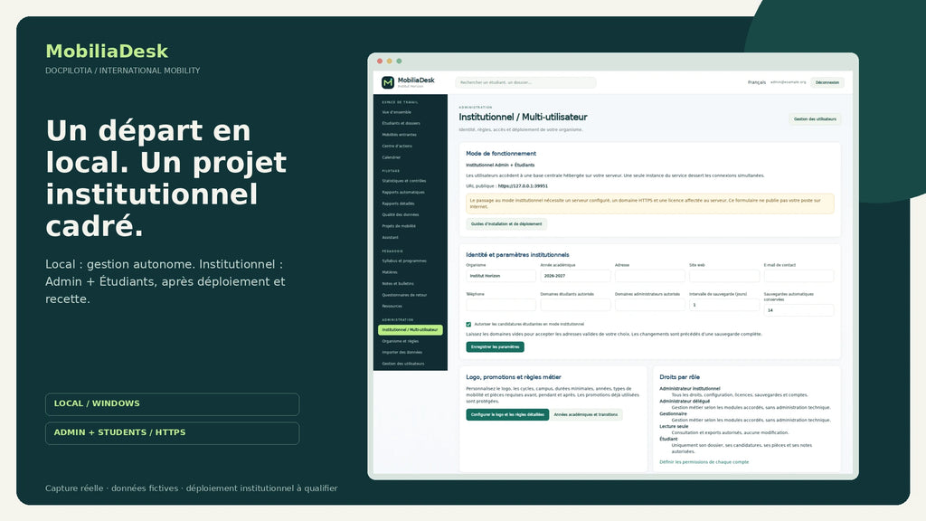 MobiliaDesk FR : réglages Local et Institutional, données fictives