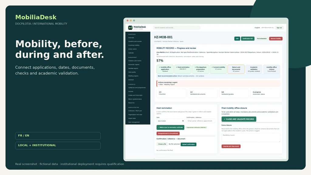 MobiliaDesk EN: student mobility workflow stages, fictional data