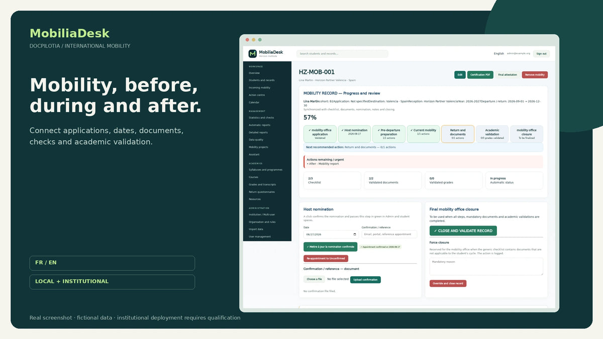 MobiliaDesk EN: student mobility workflow stages, fictional data