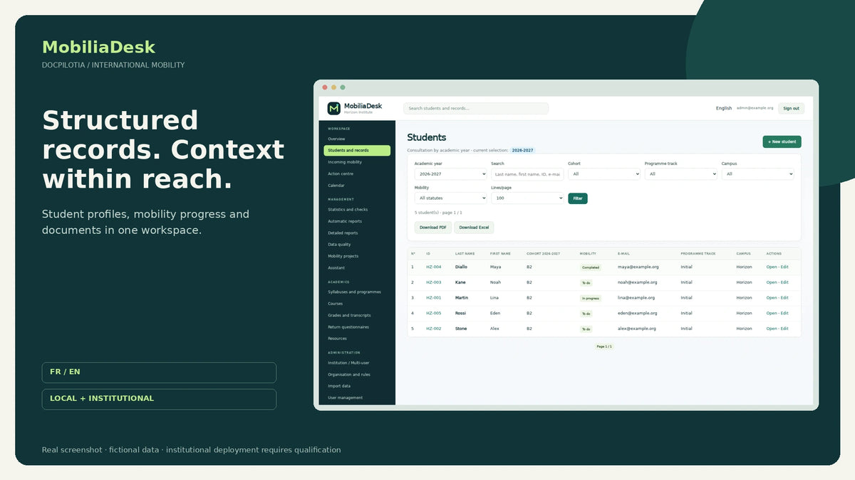 MobiliaDesk EN: student records and supporting documents, fictional data