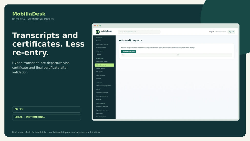 MobiliaDesk EN: transcript and certificate generation, fictional data