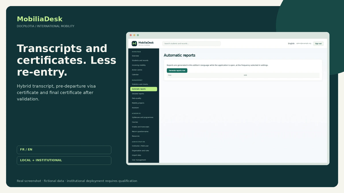 MobiliaDesk EN: transcript and certificate generation, fictional data